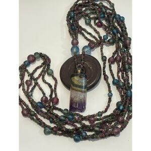 Vintage Boho Style Necklace Rainbow Fluorite & Molded Glass Beads Long